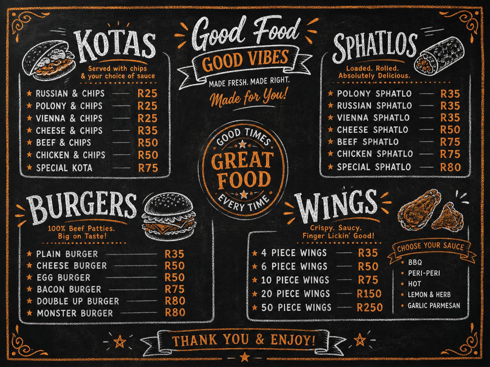 Full Flametree Eatery menu board with kotas, sphatlos, burgers and wings
