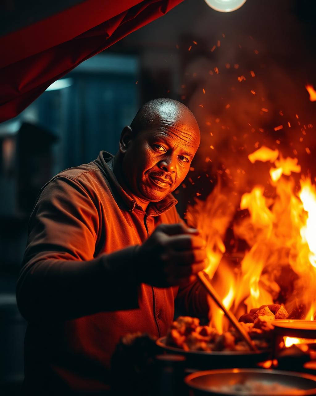 Flametree cook flame-grilling meat with sparks flying
